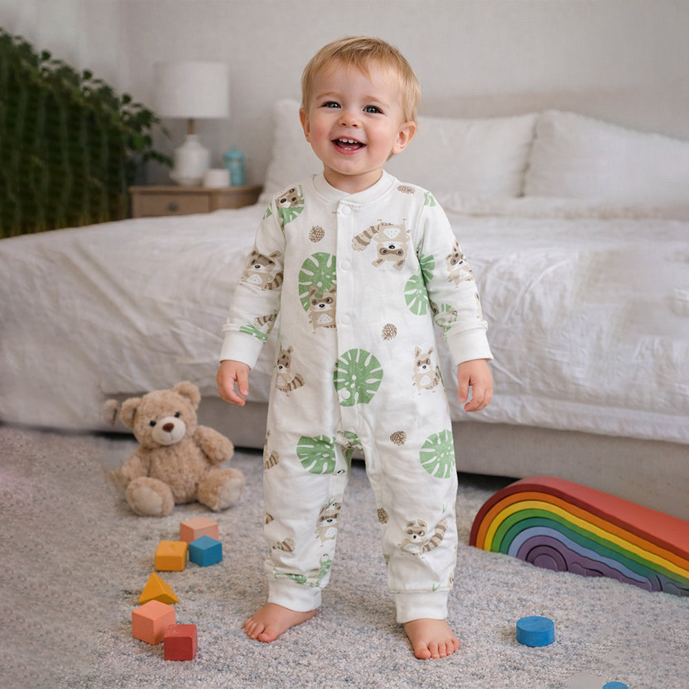 Cute Racoon & Palm Leaf, Full Sleeves Jumpsuit Romper for Tiny Toddlers