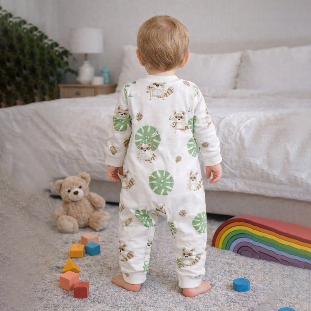 Cute Racoon & Palm Leaf, Full Sleeves Jumpsuit Romper for Tiny Toddlers