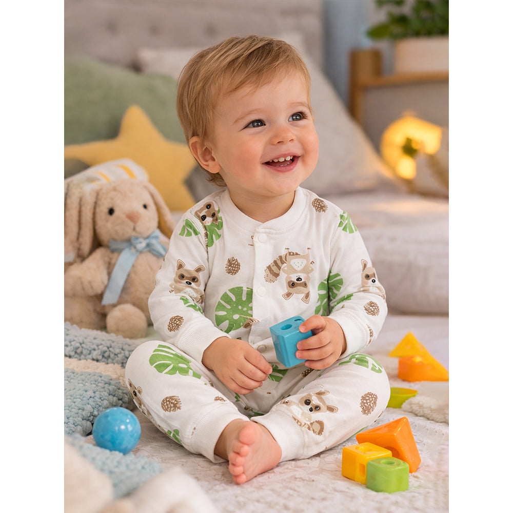 Cute Racoon & Palm Leaf, Full Sleeves Jumpsuit Romper for Tiny Toddlers