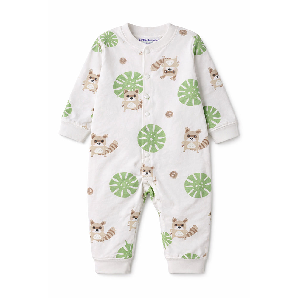 Cute Racoon & Palm Leaf, Full Sleeves Jumpsuit Romper for Tiny Toddlers
