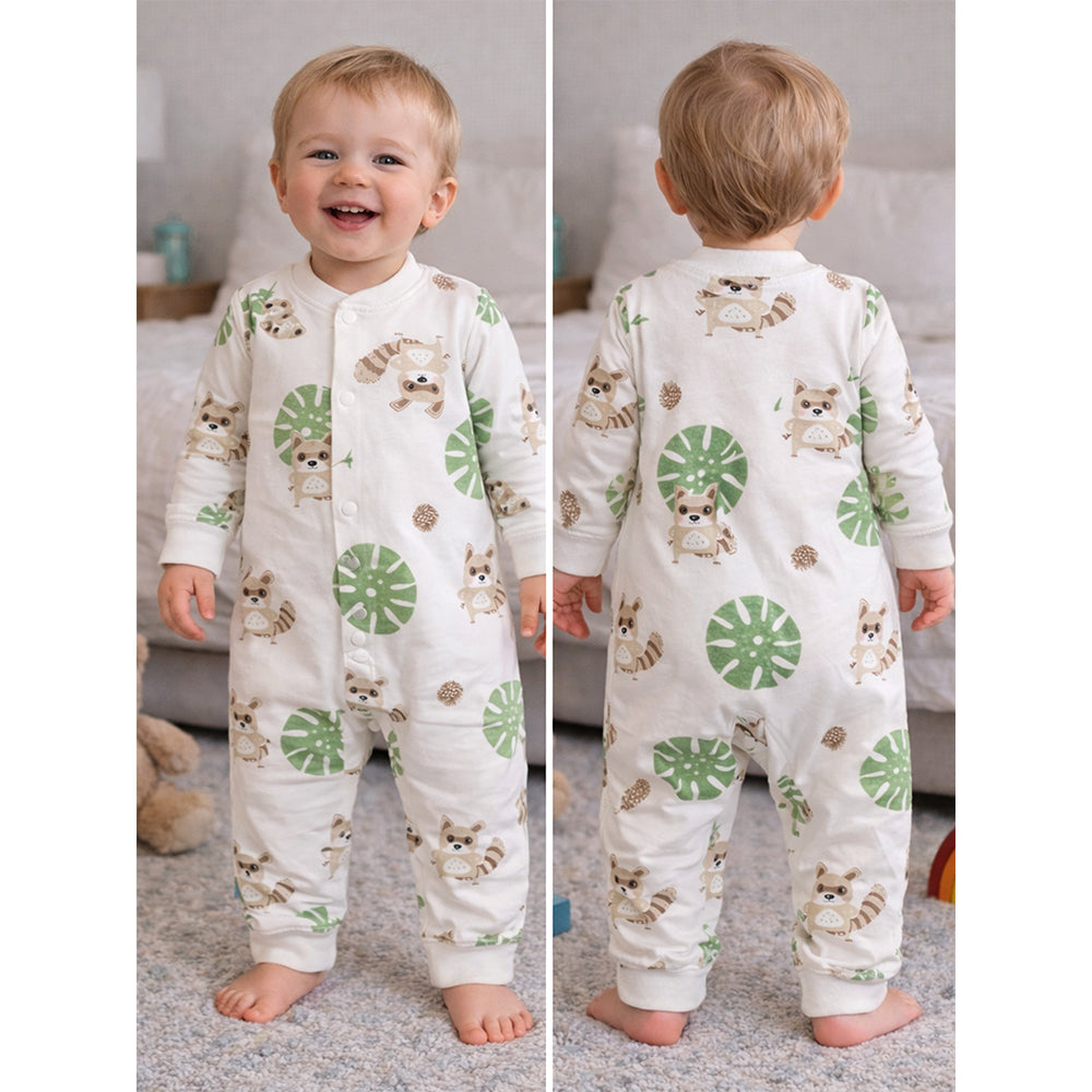Cute Racoon & Palm Leaf, Full Sleeves Jumpsuit Romper for Tiny Toddlers