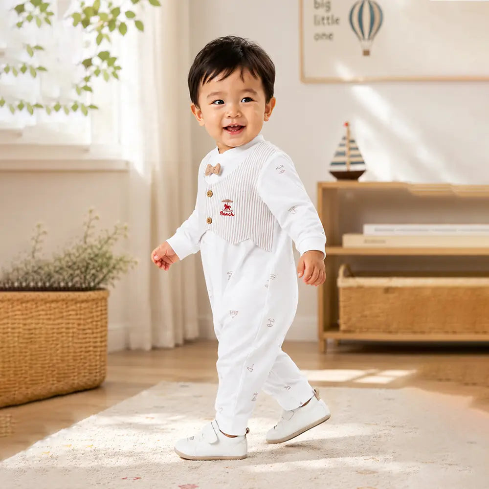 Beige Stripes Waistcoat Romper for Tiny Toddlers