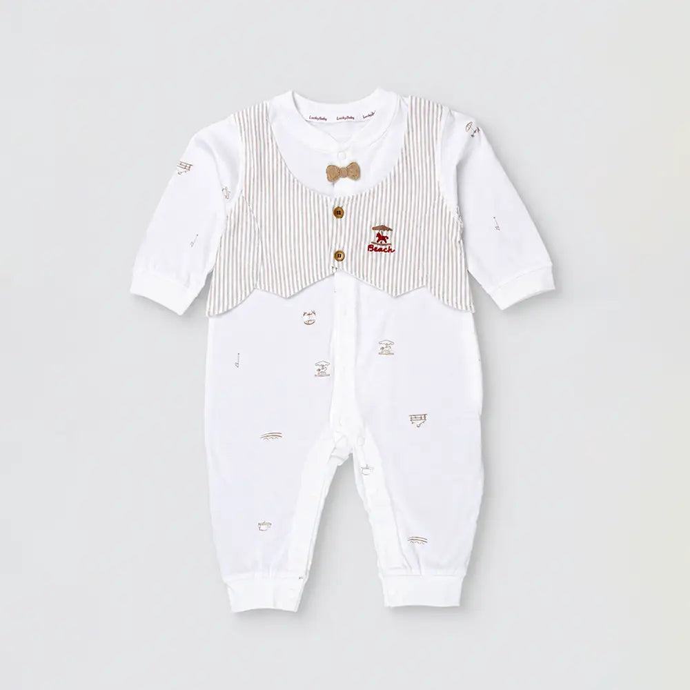 Beige Stripes Waistcoat Romper for Tiny Toddlers