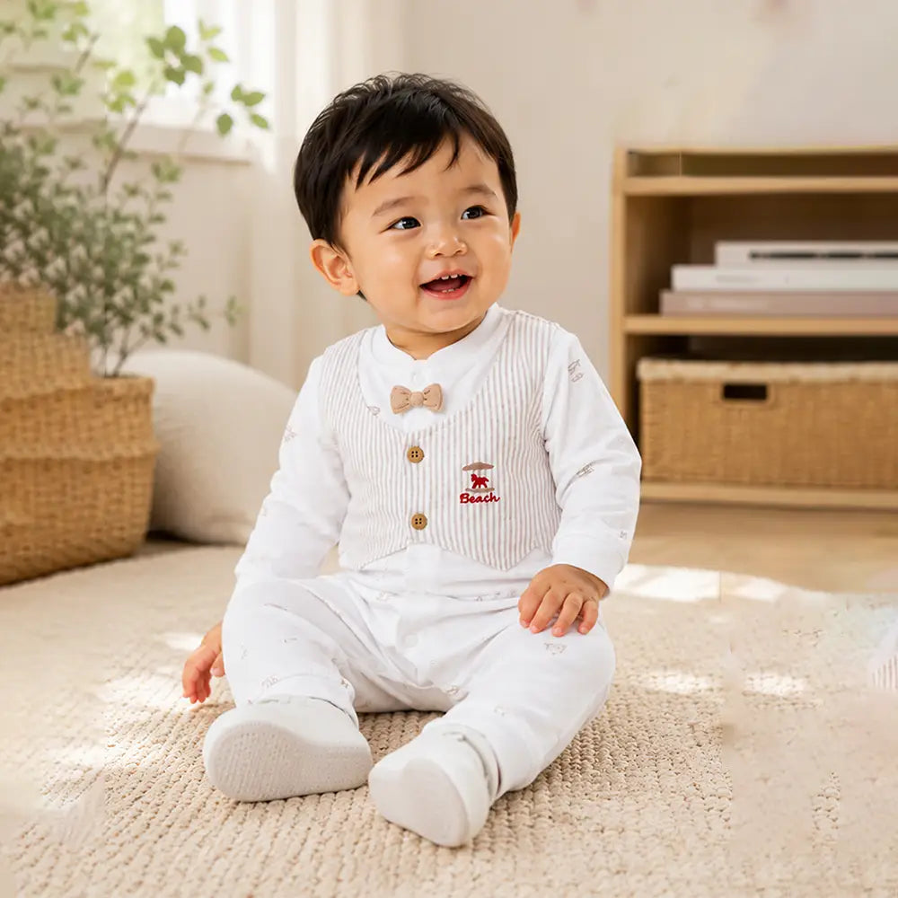 Beige Stripes Waistcoat Romper for Tiny Toddlers