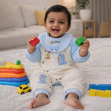 Blue Dino and Cream Winter Romper with Matching Bib for Tiny Toddlers