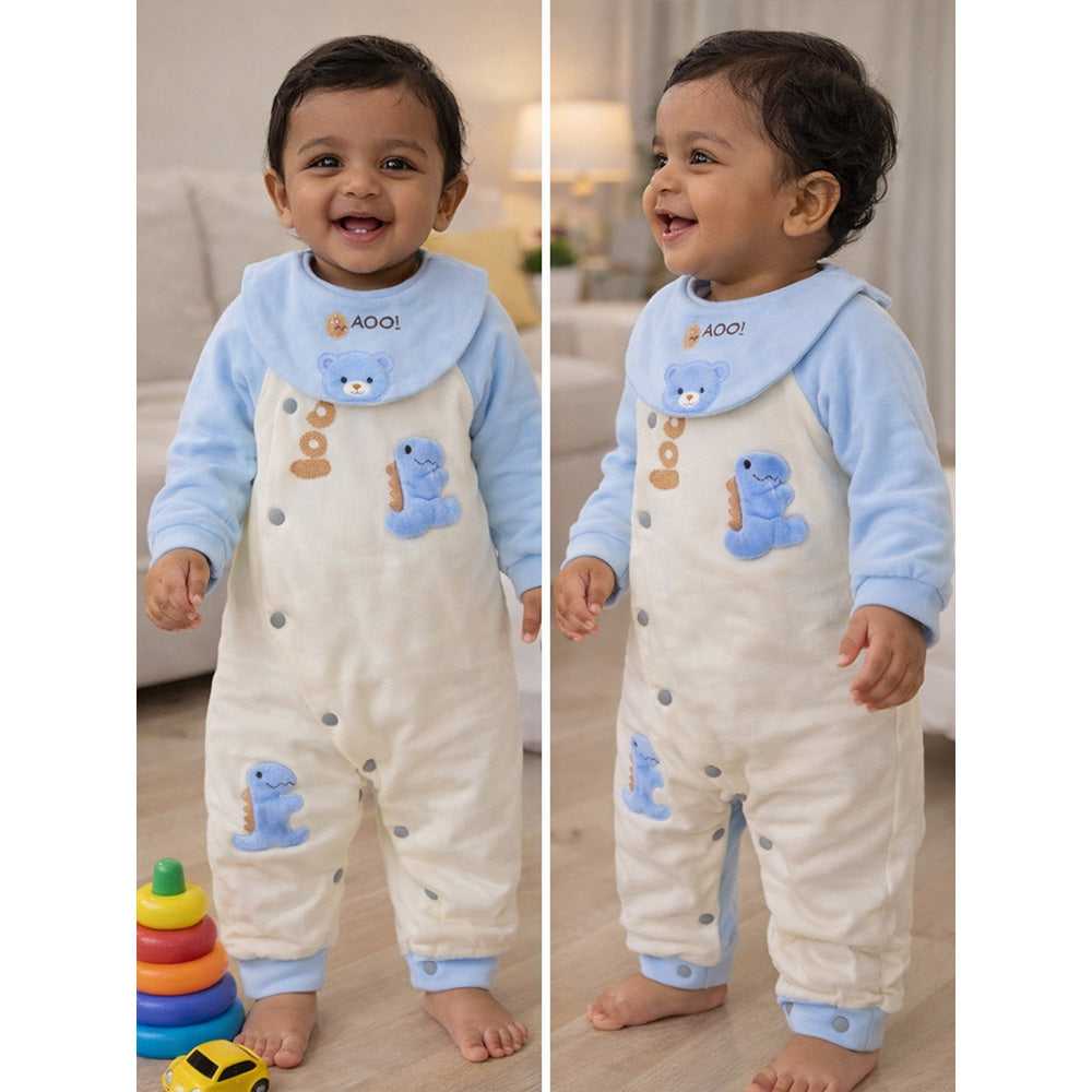 Blue Dino and Cream Winter Romper with Matching Bib for Tiny Toddlers