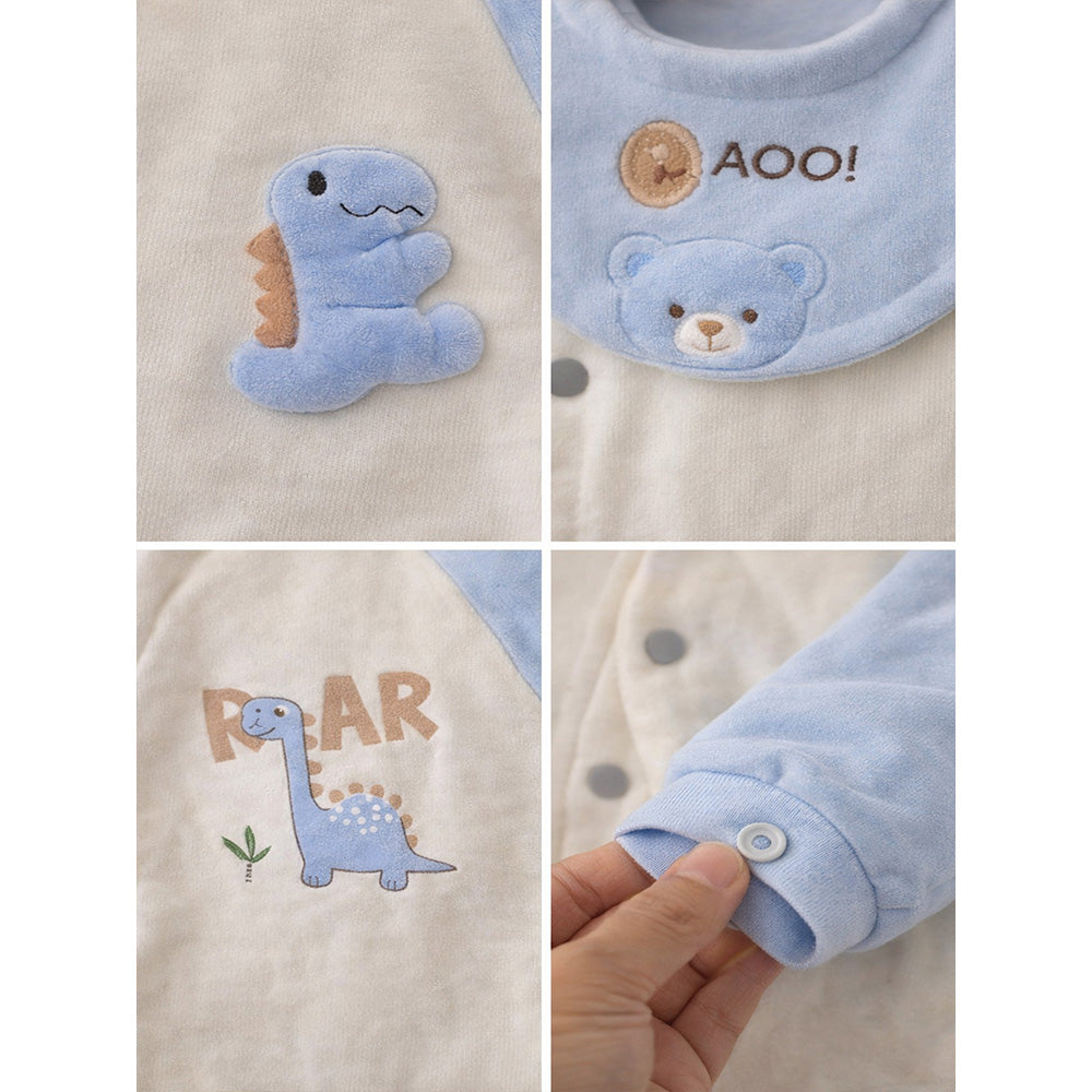 Blue Dino and Cream Winter Romper with Matching Bib for Tiny Toddlers