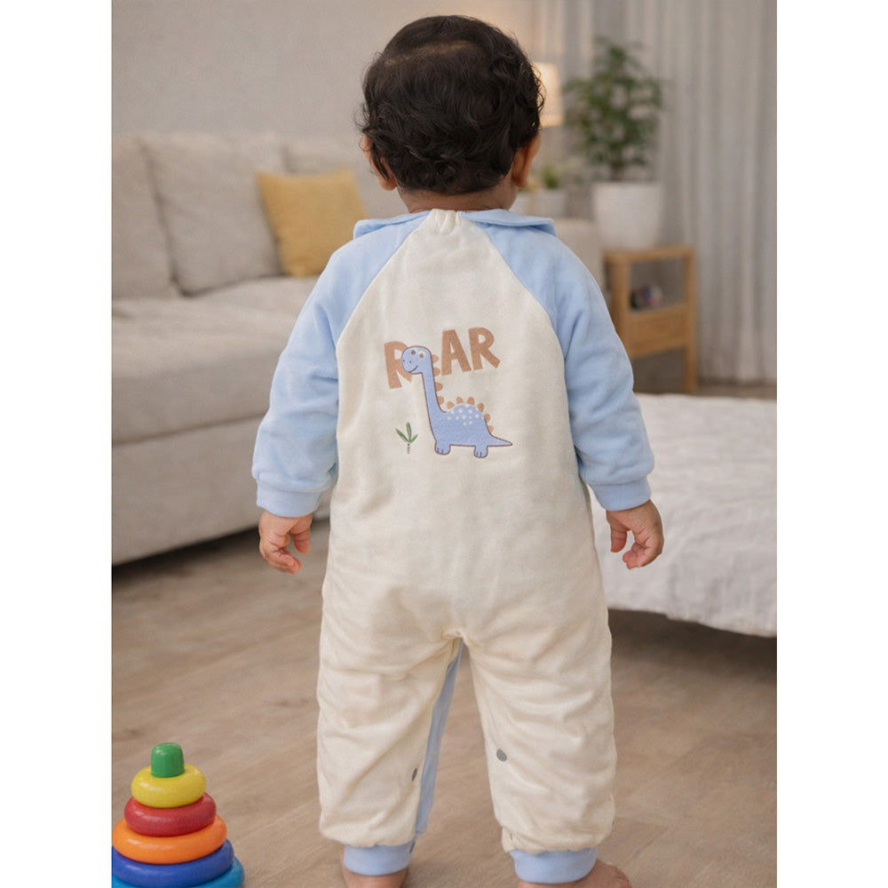 Blue Dino and Cream Winter Romper with Matching Bib for Tiny Toddlers