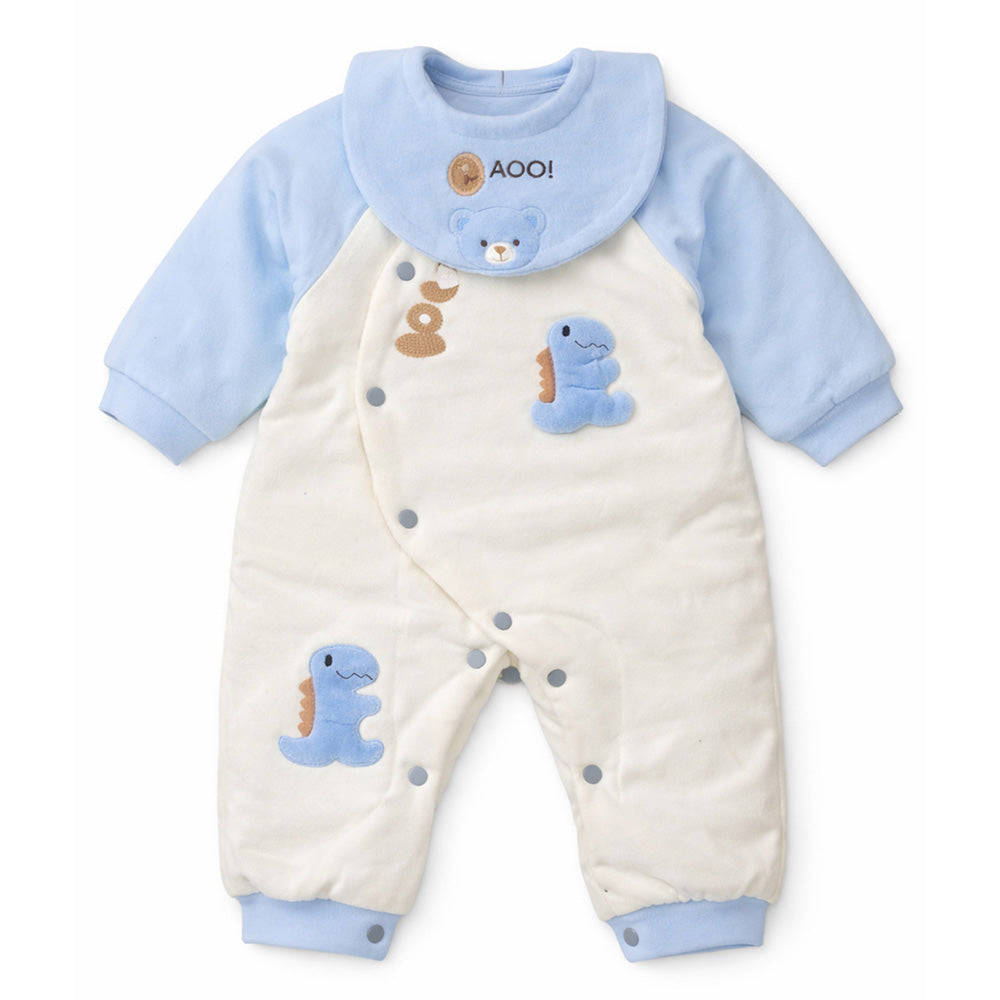 Blue Dino and Cream Winter Romper with Matching Bib for Tiny Toddlers