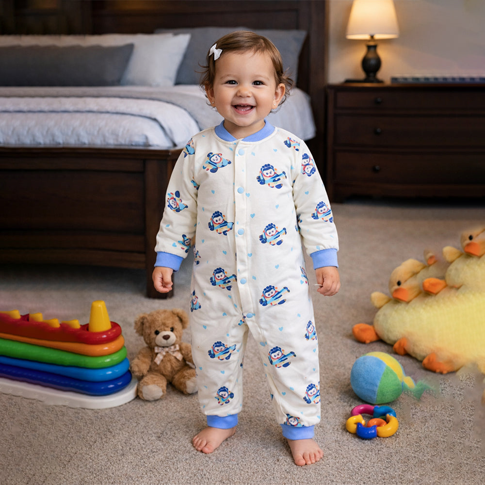 Blue Plane Ride Full Sleeves Jumpsuit Romper for Tiny Toddlers
