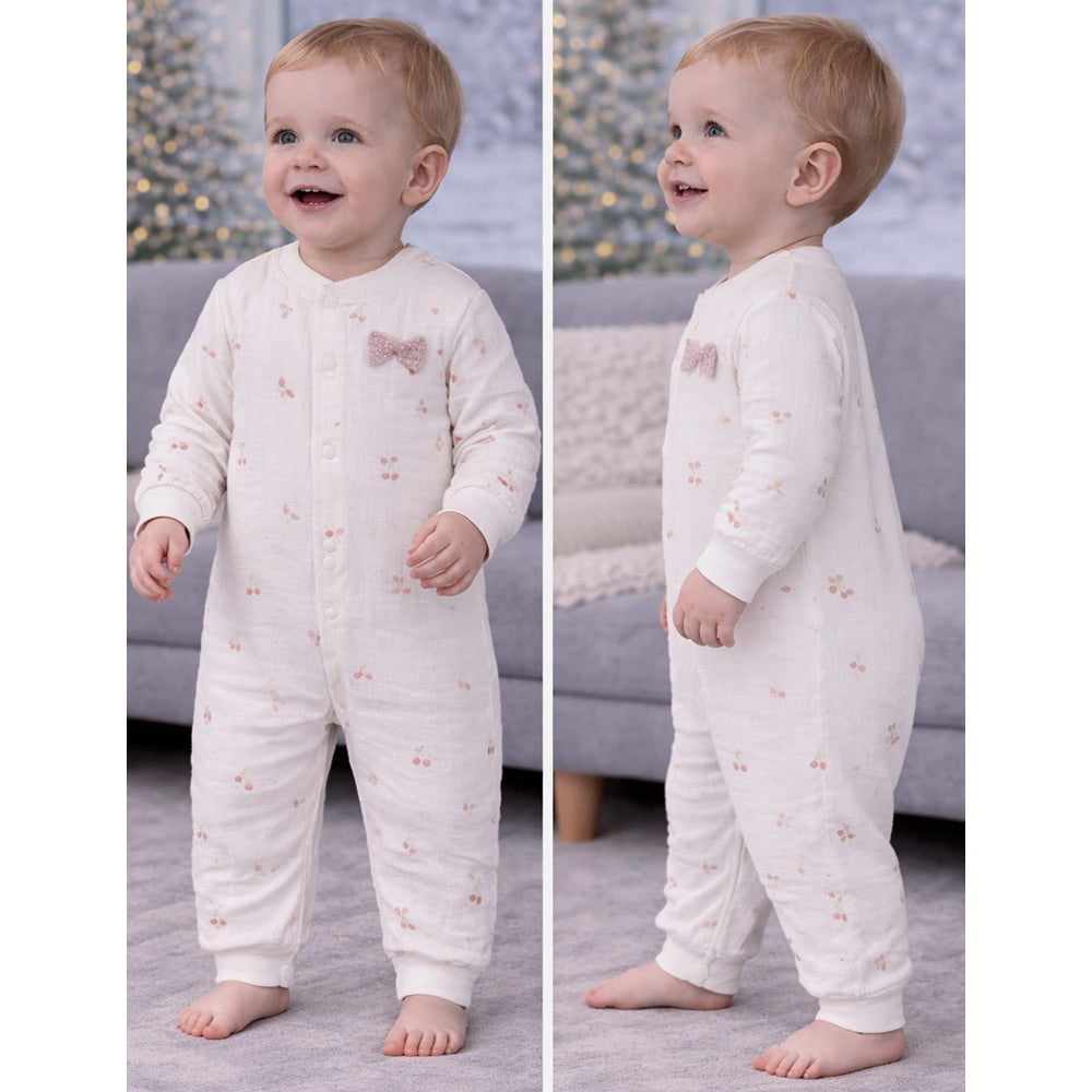 Pink Bow and Cherry, Full Sleeves Jumpsuit Hoodie Romper for Tiny Toddlers