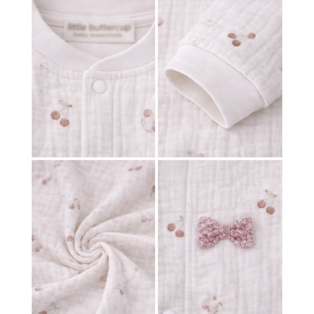 Pink Bow and Cherry, Full Sleeves Jumpsuit Hoodie Romper for Tiny Toddlers