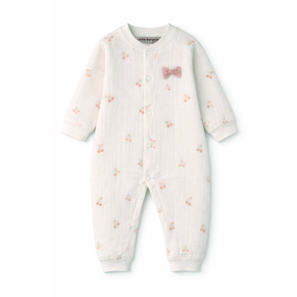 Pink Bow and Cherry, Full Sleeves Jumpsuit Hoodie Romper for Tiny Toddlers