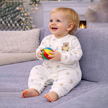 Cream Teddy All-Over Print, Full Sleeves Jumpsuit Hoodie Romper for Tiny Toddlers