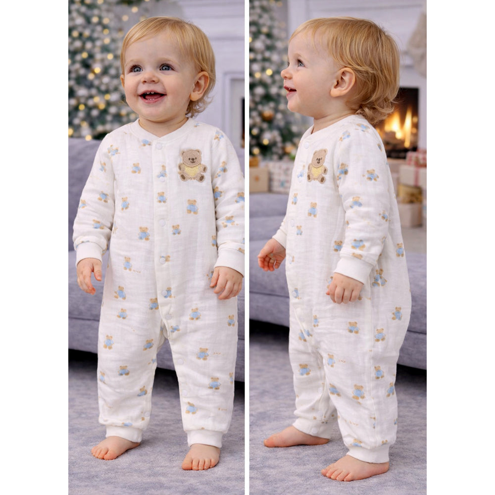 Cream Teddy All-Over Print, Full Sleeves Jumpsuit Hoodie Romper for Tiny Toddlers