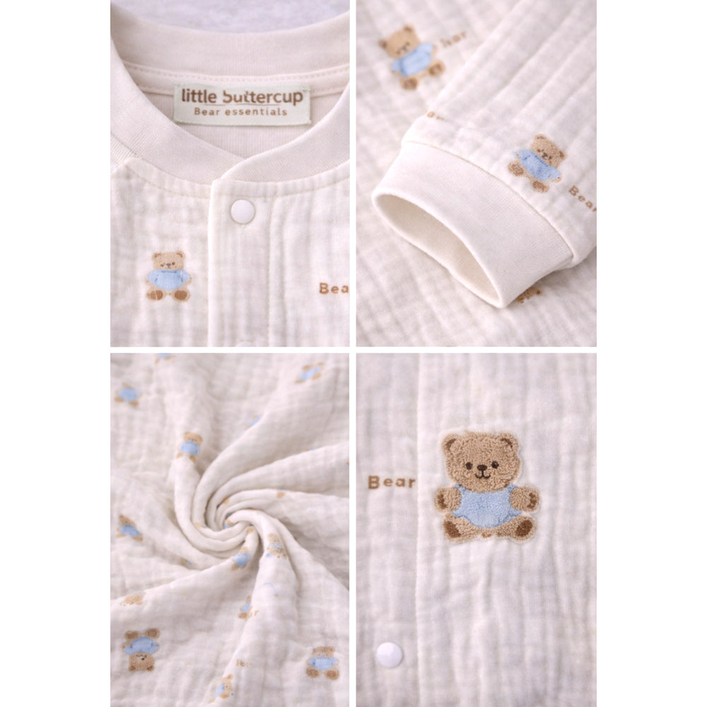 Cream Teddy All-Over Print, Full Sleeves Jumpsuit Hoodie Romper for Tiny Toddlers