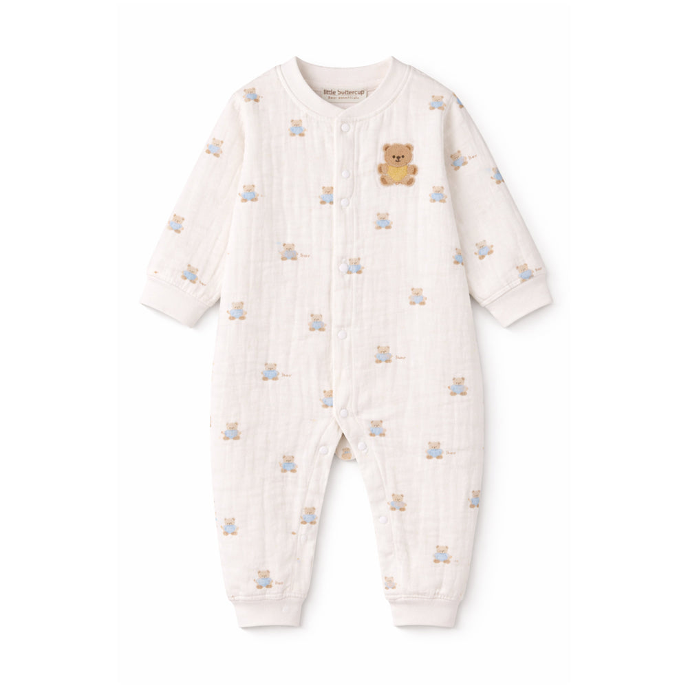 Cream Teddy All-Over Print, Full Sleeves Jumpsuit Hoodie Romper for Tiny Toddlers