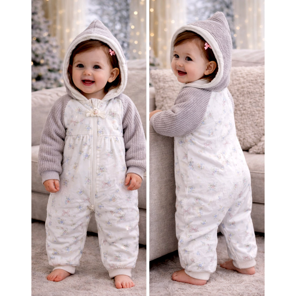 Floral Embroidered Winter Full Sleeves Jumpsuit Hoodie Romper for Tiny Toddlers