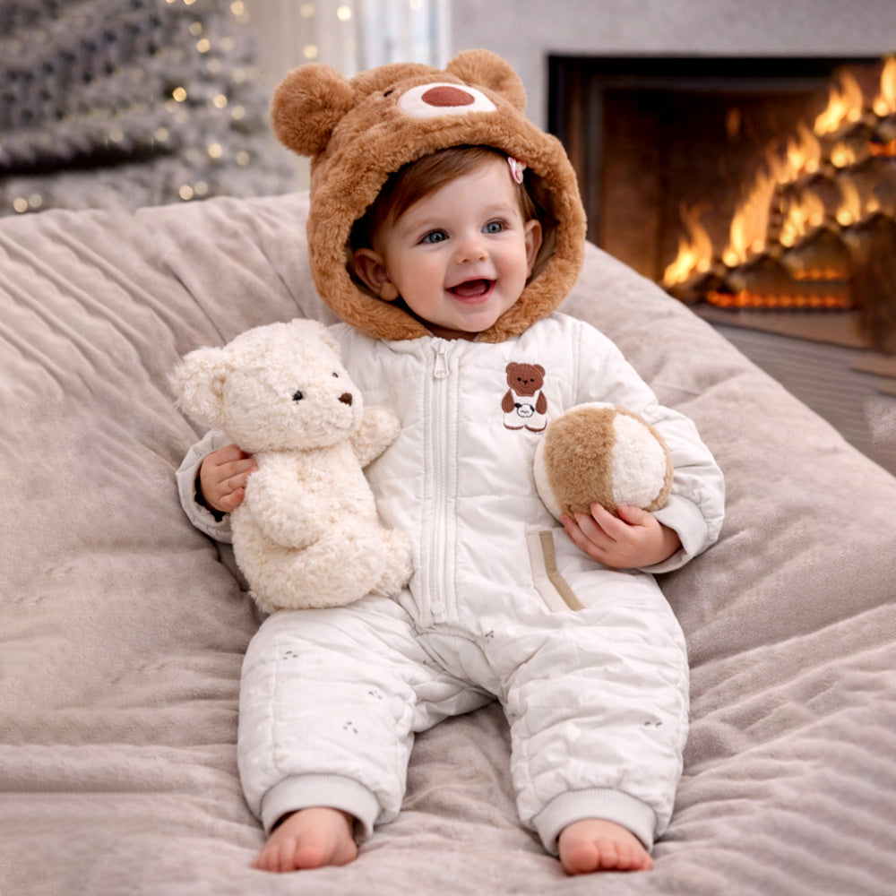 Furry Bear Winter Full Sleeves Jumpsuit Hoodie Romper for Tiny Toddlers