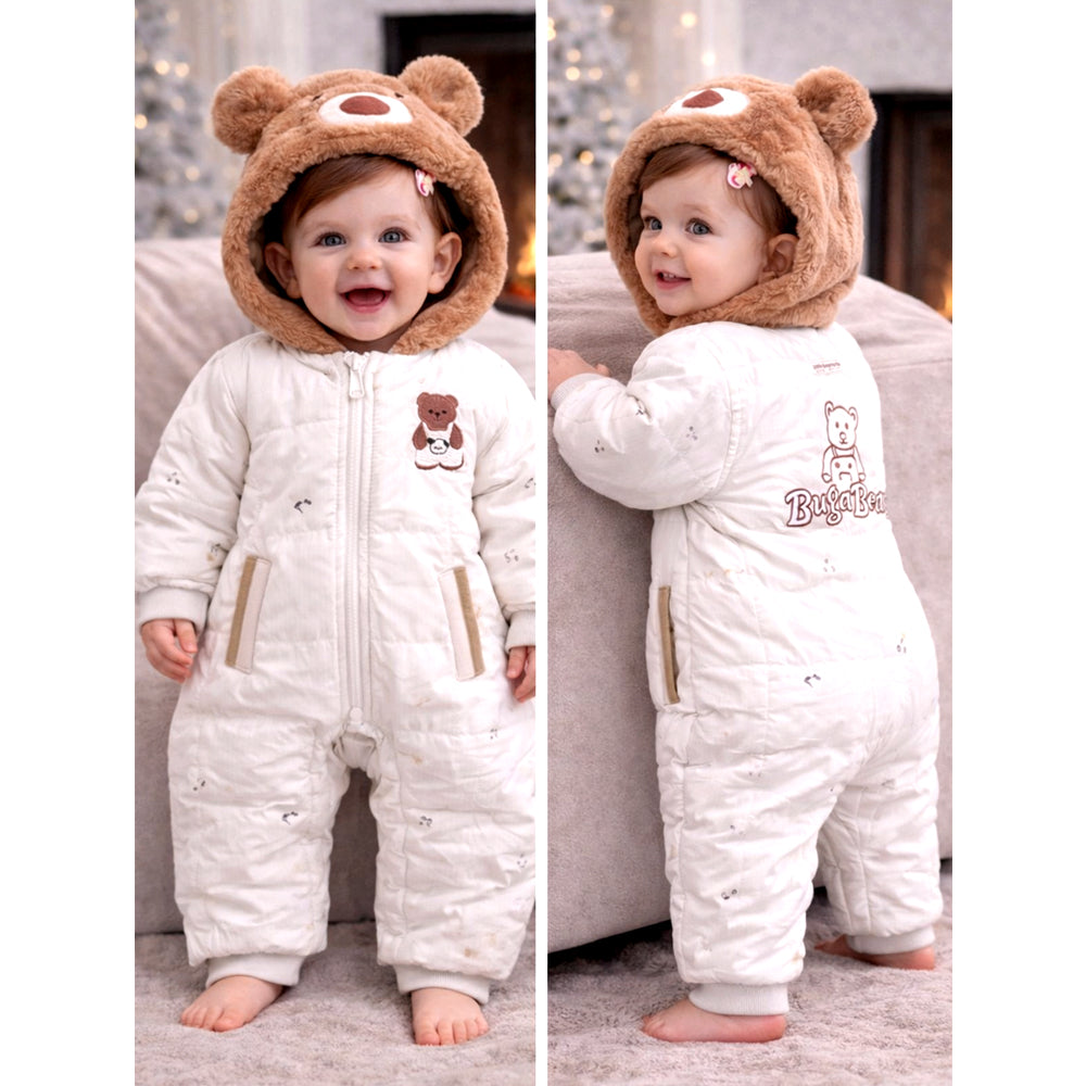 Furry Bear Winter Full Sleeves Jumpsuit Hoodie Romper for Tiny Toddlers