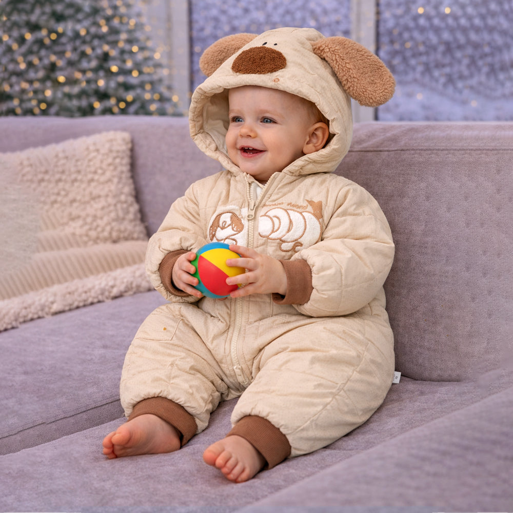Furry Dog Ear Winter Full Sleeves Jumpsuit Hoodie Romper for Tiny Toddlers