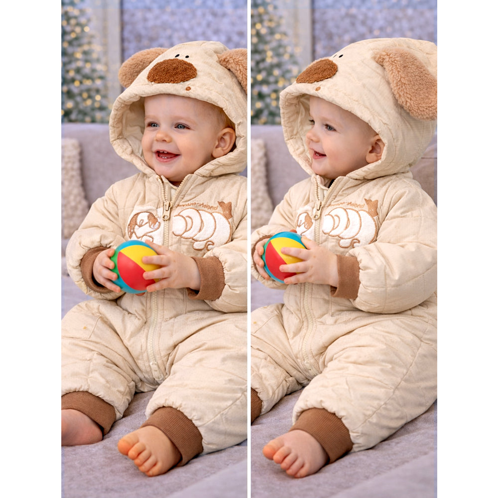 Furry Dog Ear Winter Full Sleeves Jumpsuit Hoodie Romper for Tiny Toddlers