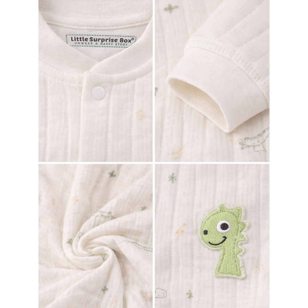 Green Smiley Dino Full Sleeves Jumpsuit Hoodie Romper for Tiny Toddlers