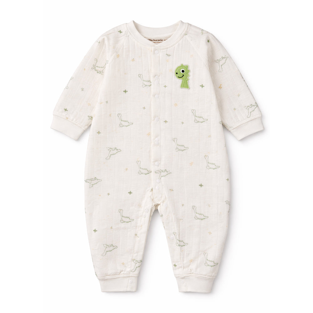 Green Smiley Dino Full Sleeves Jumpsuit Hoodie Romper for Tiny Toddlers