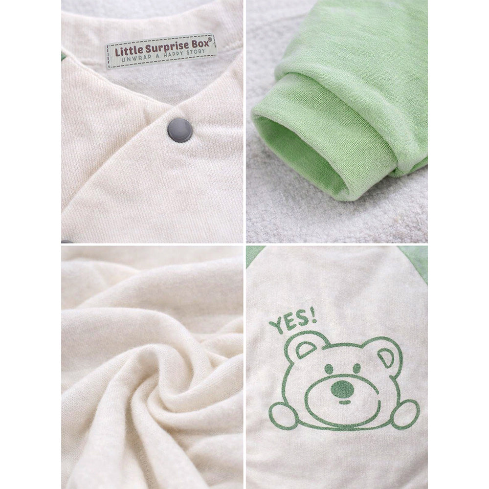 Mint Bear and Cream Winter Romper with Matching Bib for Tiny Toddlers