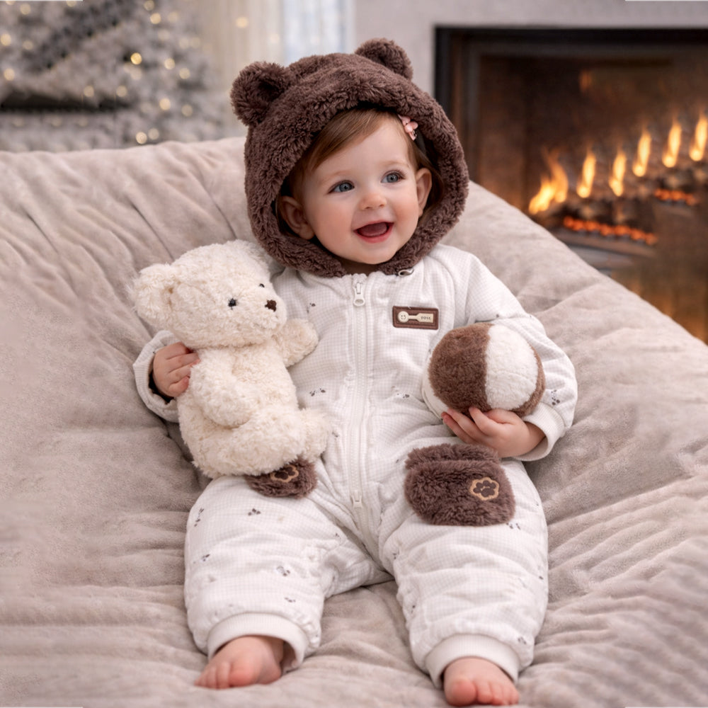 Brown Paw Pocket Furry Winter Full Sleeves Jumpsuit Hoodie Romper for Tiny Toddlers