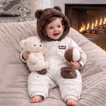 Brown Paw Pocket Furry Winter Full Sleeves Jumpsuit Hoodie Romper for Tiny Toddlers