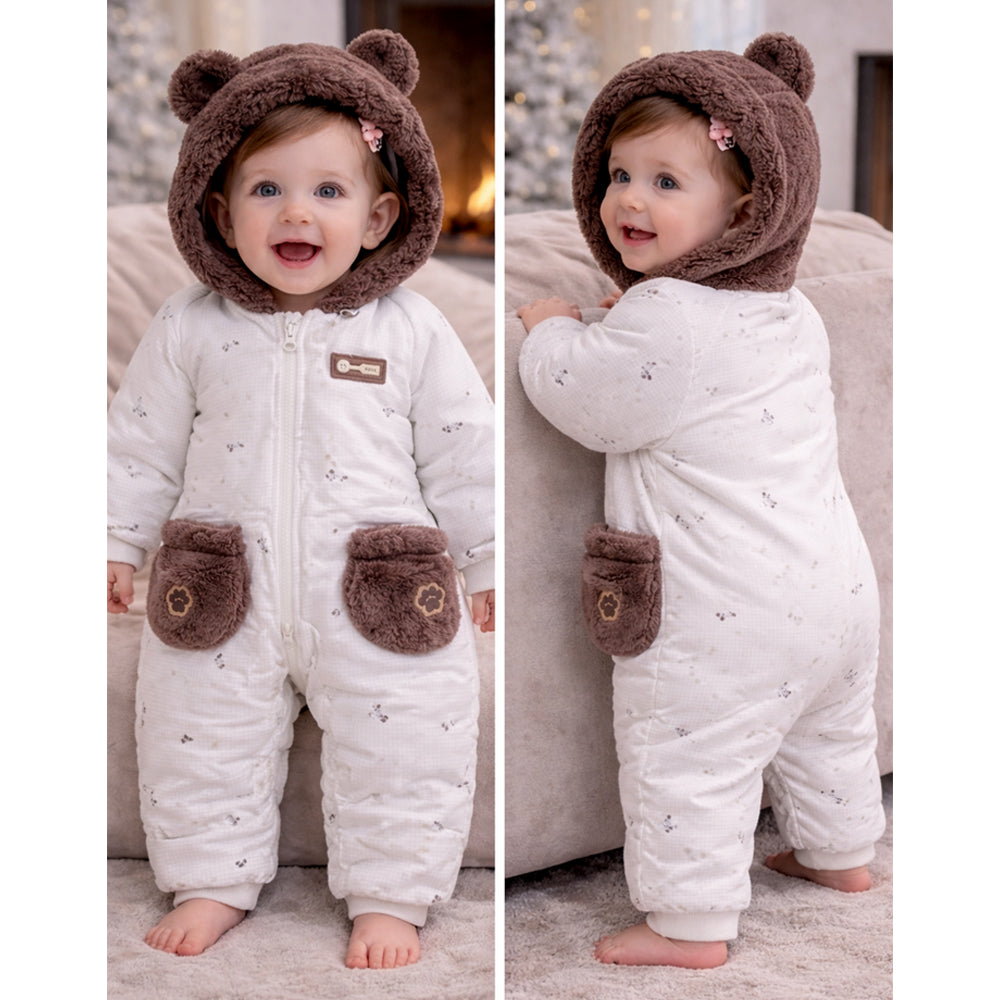 Brown Paw Pocket Furry Winter Full Sleeves Jumpsuit Hoodie Romper for Tiny Toddlers