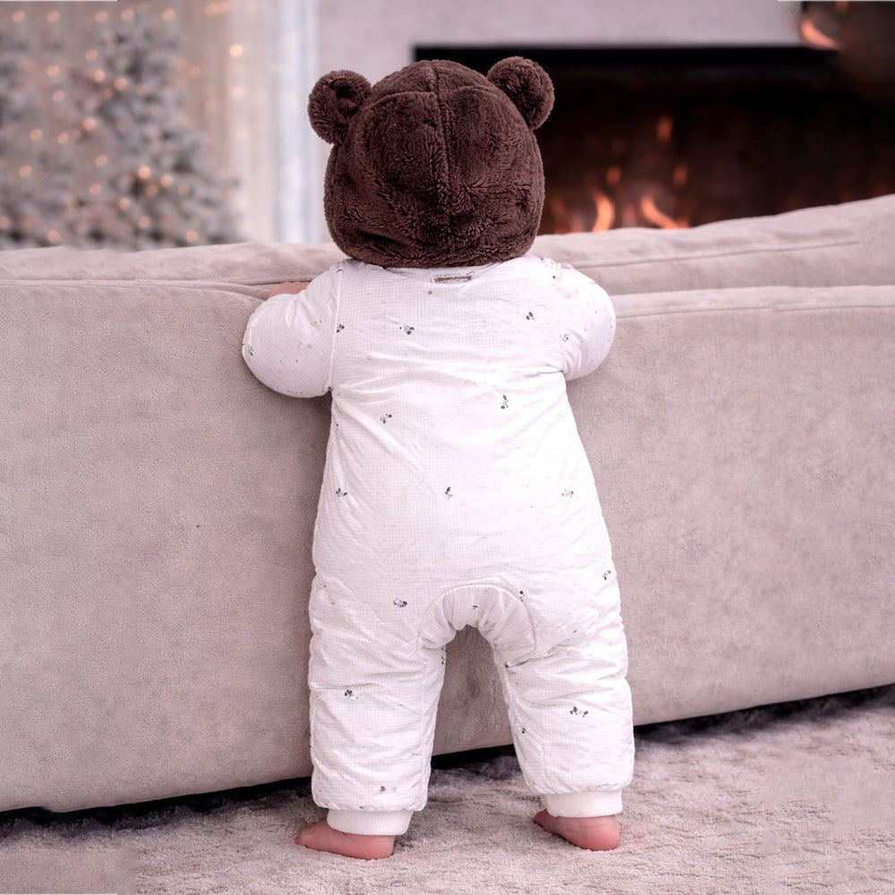 Brown Paw Pocket Furry Winter Full Sleeves Jumpsuit Hoodie Romper for Tiny Toddlers