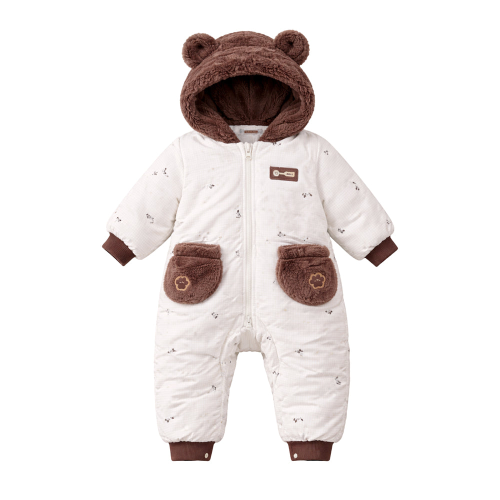 Brown Paw Pocket Furry Winter Full Sleeves Jumpsuit Hoodie Romper for Tiny Toddlers