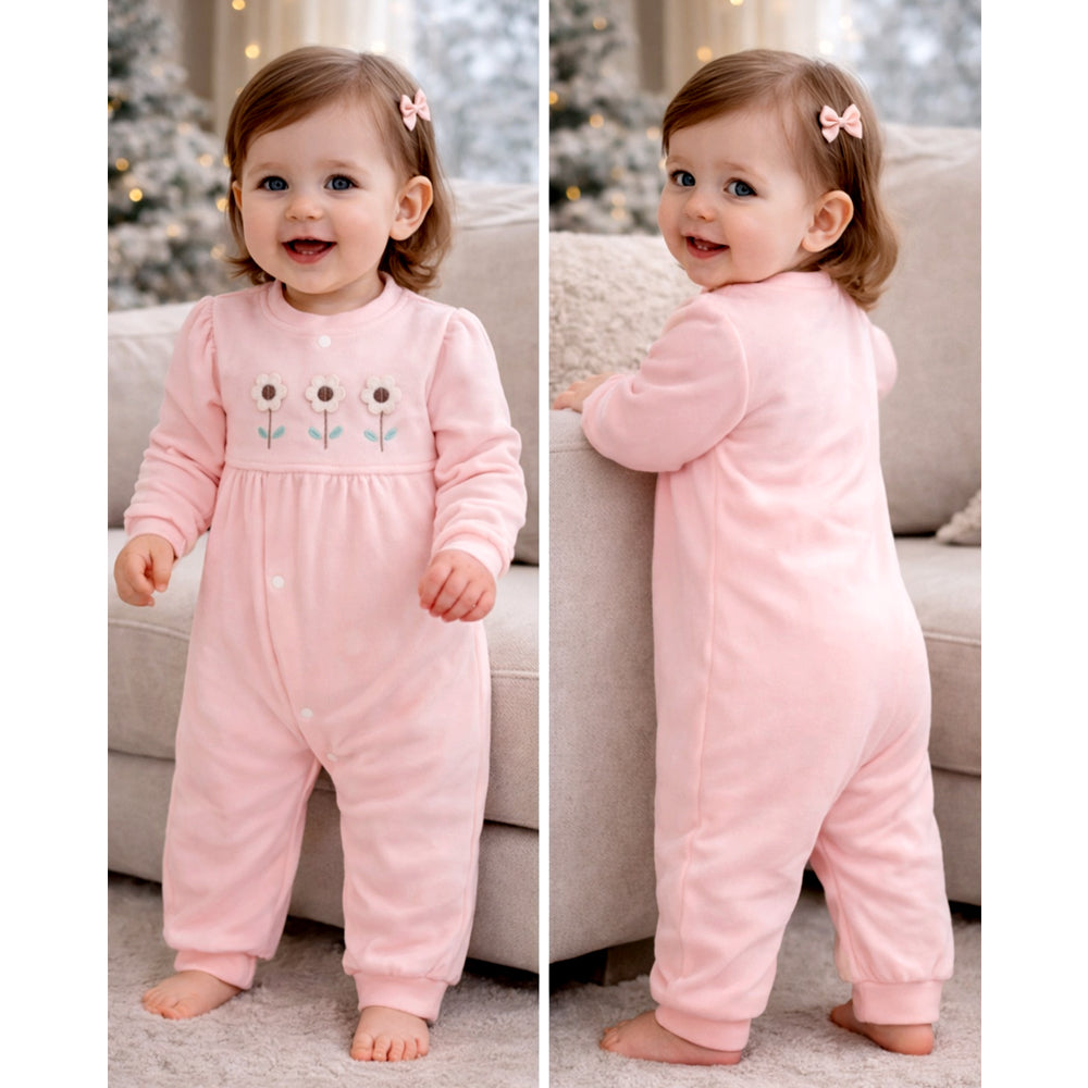 Peach 3Flower Winter Full Sleeves Jumpsuit Romper for Tiny Toddlers