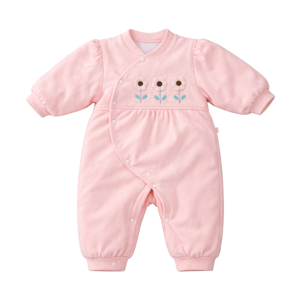 Peach 3Flower Winter Full Sleeves Jumpsuit Romper for Tiny Toddlers