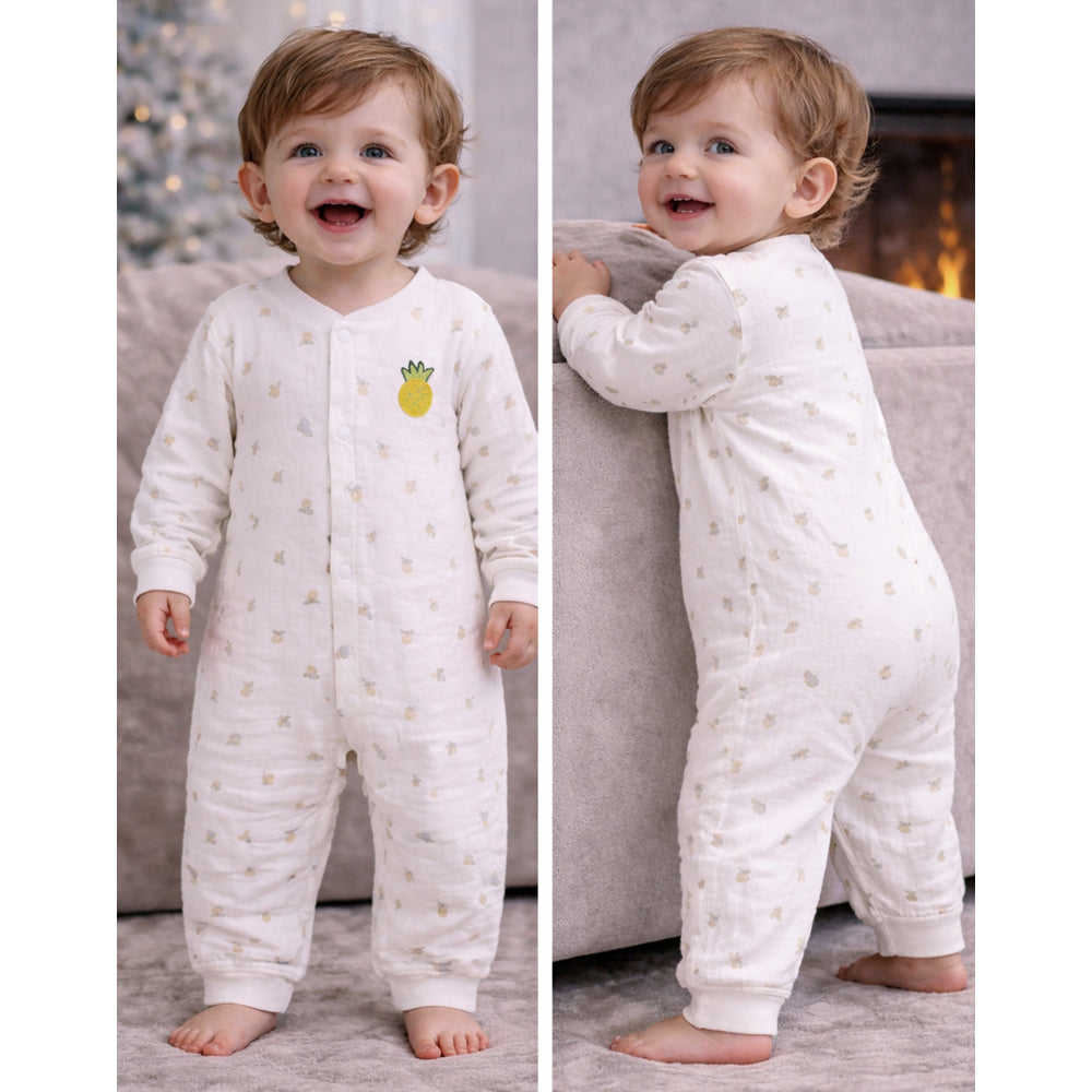All-Over Pineapple Print Full Sleeves Jumpsuit Hoodie Romper for Tiny Toddlers