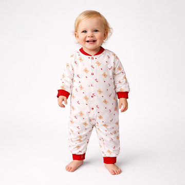 Red Candy Cane and Bear, Full Sleeves Jumpsuit Romper for Tiny Toddlers