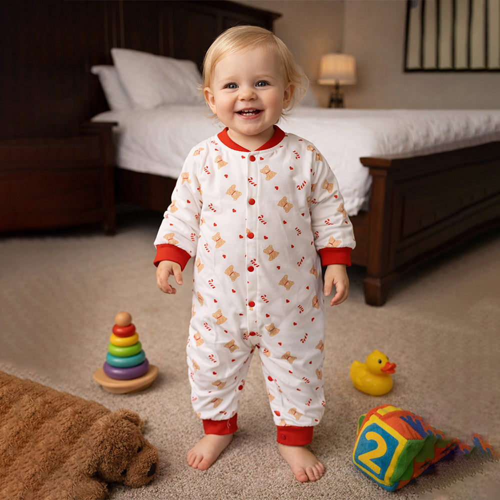 Red Candy Cane and Bear, Full Sleeves Jumpsuit Romper for Tiny Toddlers
