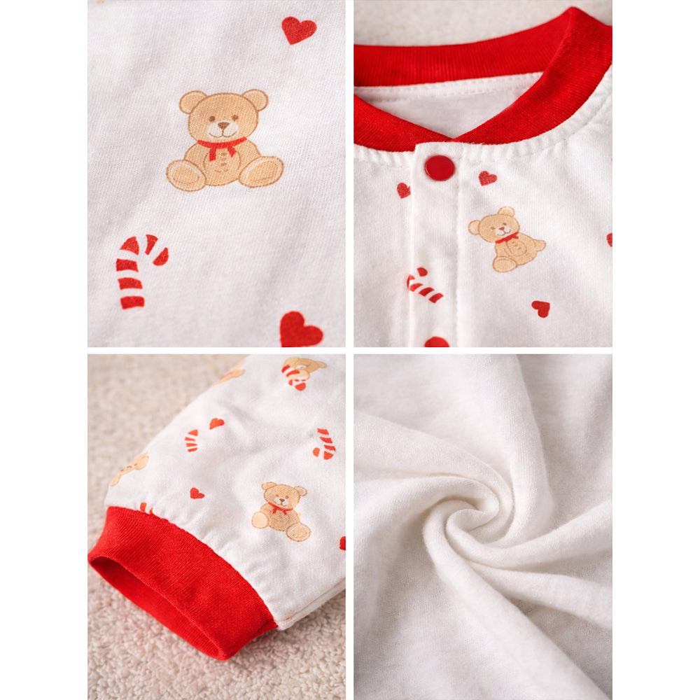 Red Candy Cane and Bear, Full Sleeves Jumpsuit Romper for Tiny Toddlers