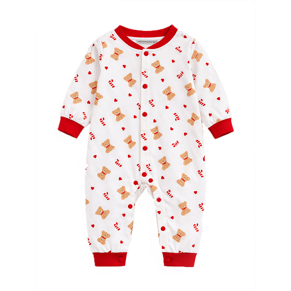 Red Candy Cane and Bear, Full Sleeves Jumpsuit Romper for Tiny Toddlers