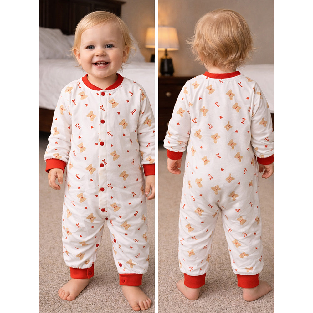 Red Candy Cane and Bear, Full Sleeves Jumpsuit Romper for Tiny Toddlers