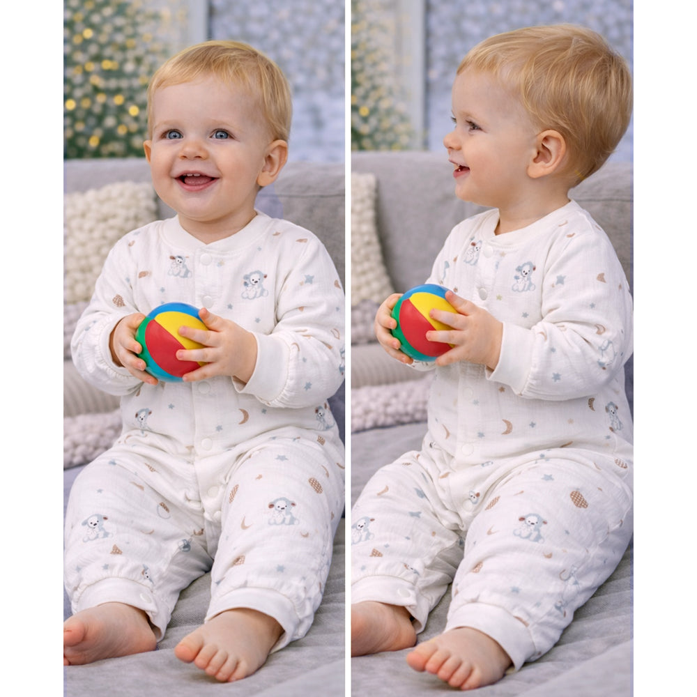 Cream Teddy Heart and Moon, Full Sleeves Jumpsuit Hoodie Romper for Tiny Toddlers