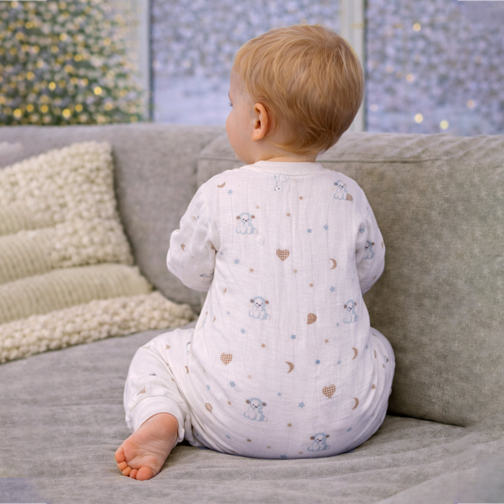 Cream Teddy Heart and Moon, Full Sleeves Jumpsuit Hoodie Romper for Tiny Toddlers