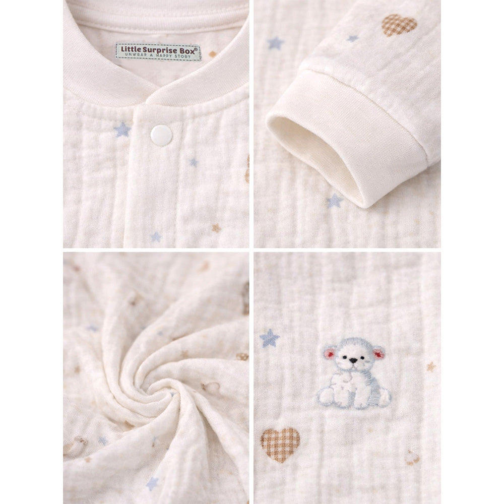 Cream Teddy Heart and Moon, Full Sleeves Jumpsuit Hoodie Romper for Tiny Toddlers