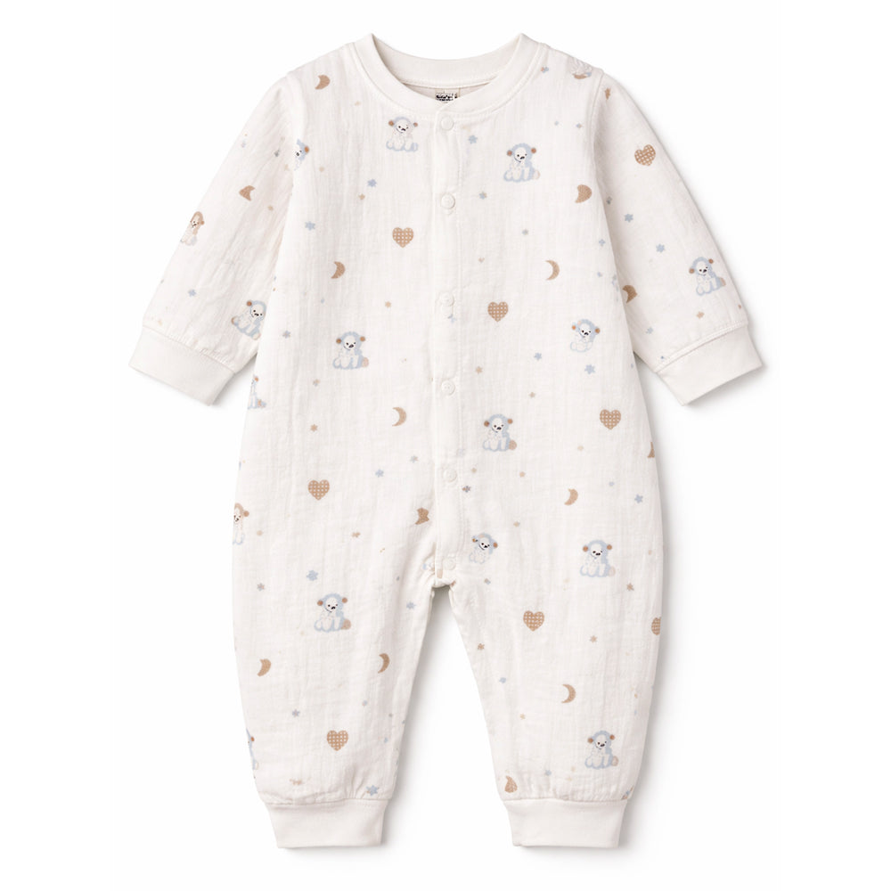 Cream Teddy Heart and Moon, Full Sleeves Jumpsuit Hoodie Romper for Tiny Toddlers