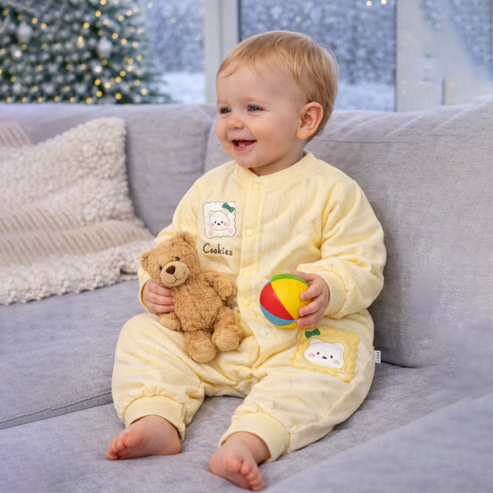 Yellow Cookie Patch Winter Full Sleeves Jumpsuit Romper for Tiny Toddlers