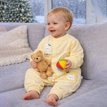 Yellow Cookie Patch Winter Full Sleeves Jumpsuit Romper for Tiny Toddlers