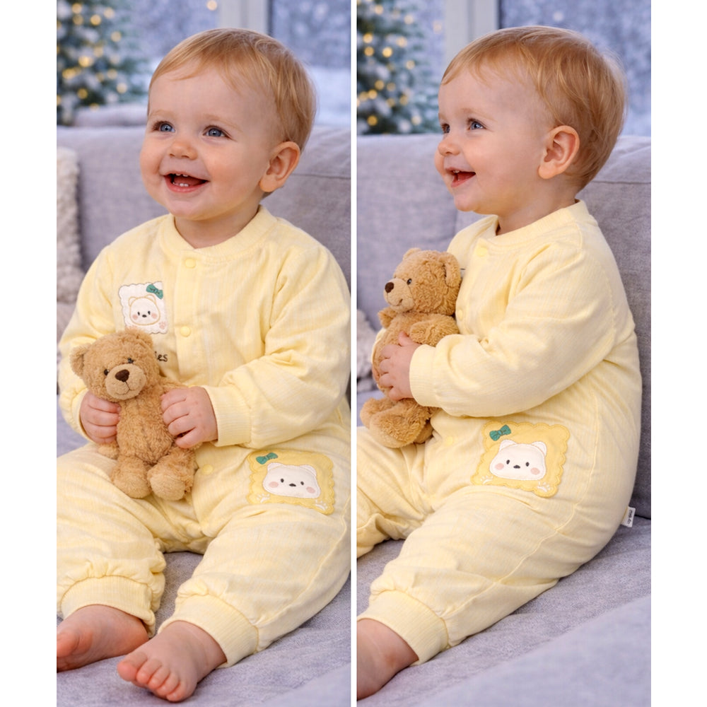Yellow Cookie Patch Winter Full Sleeves Jumpsuit Romper for Tiny Toddlers
