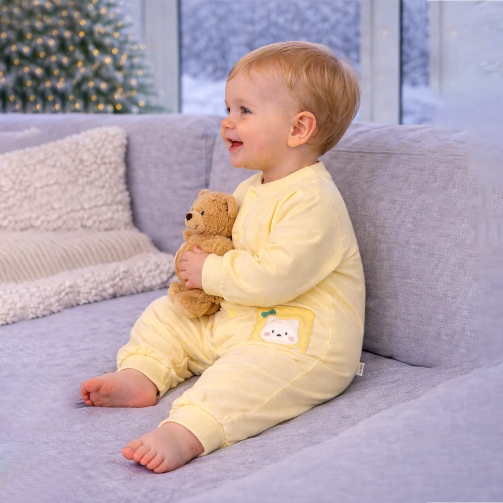 Yellow Cookie Patch Winter Full Sleeves Jumpsuit Romper for Tiny Toddlers